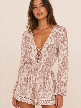 Faithfull The Brand Boho Lace Up Long Sleeve Romper Ivory Burgundy Small